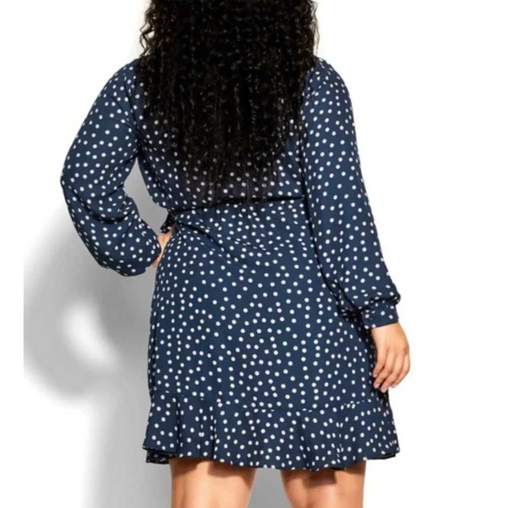 NWT City Chic Navy Faux Wrap Long Sleeve Ruffle Spot Dress 22